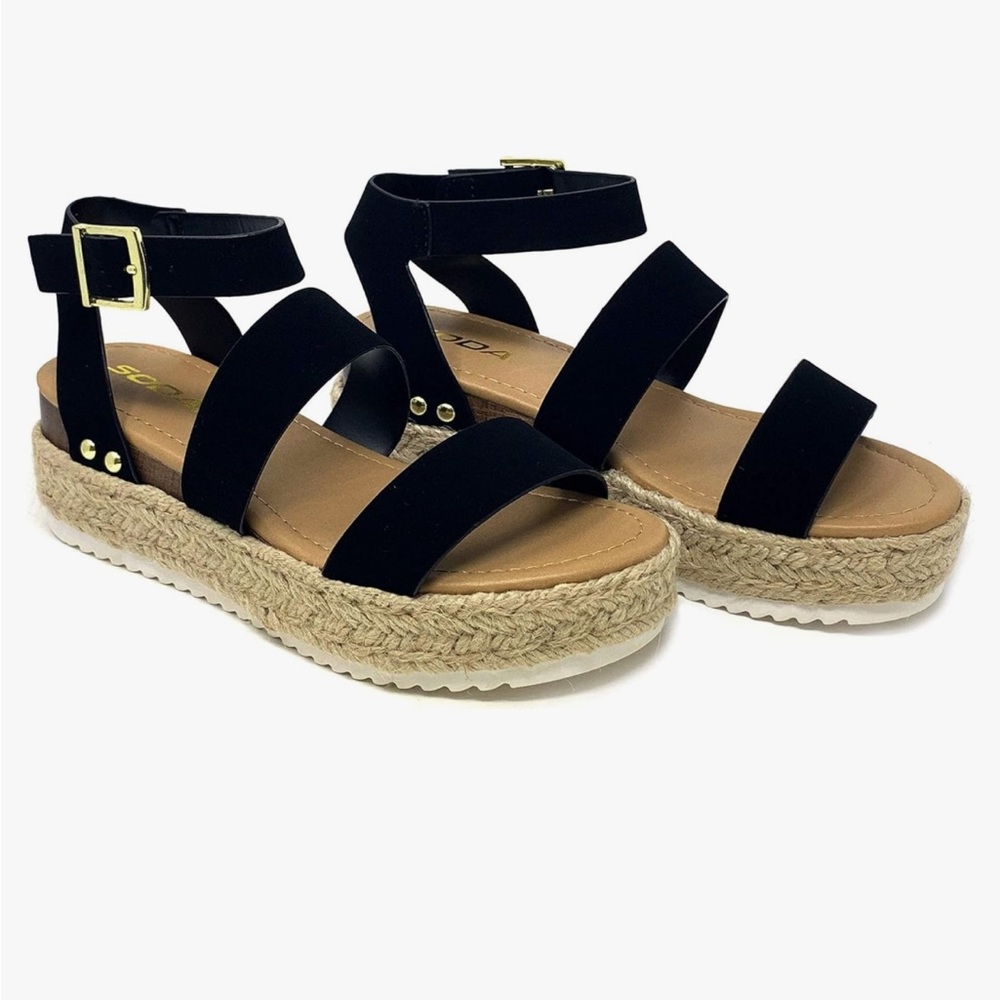 SODA Bryce Black Espadrille Platform Sandals with Side Buckle - Womens 8.5/9